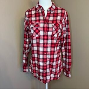 EDDIE BAUER Plaid Button Down Flannel Shirt Red Blue Women's Medium 100% Cotton